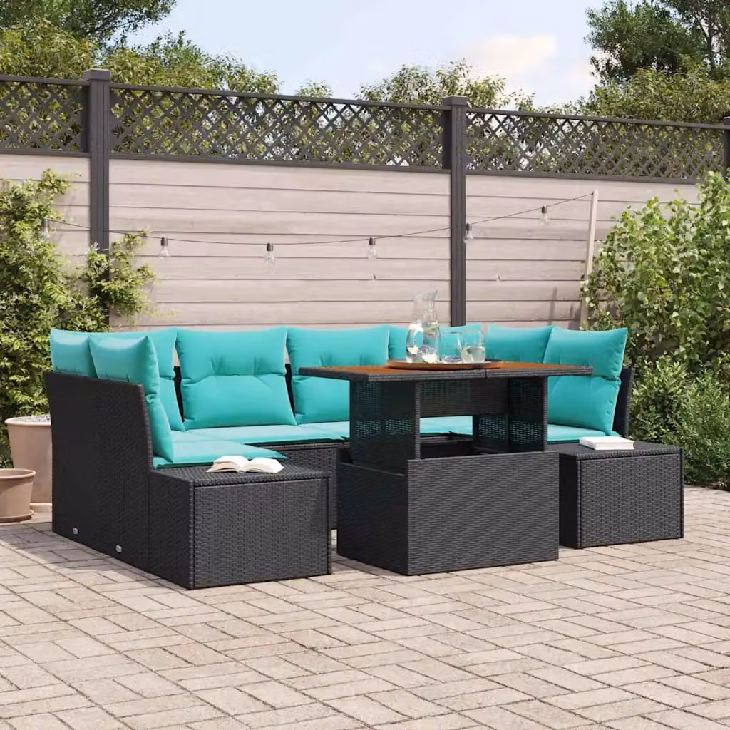 Set da pranzo per giardino e terrazzo vidaXL in polyrattan con tavolo in legno di acacia e 6 sedie, 7 pezzi, nero e turchese