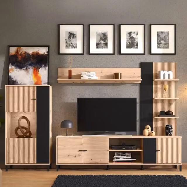 Parete Attrezzata Mobile Soggiorno Petrona DMORA in Rovere Marrone con Ante in Vetro e Ripiani, L: 263 cm, P: 40 cm, H: 167 cm