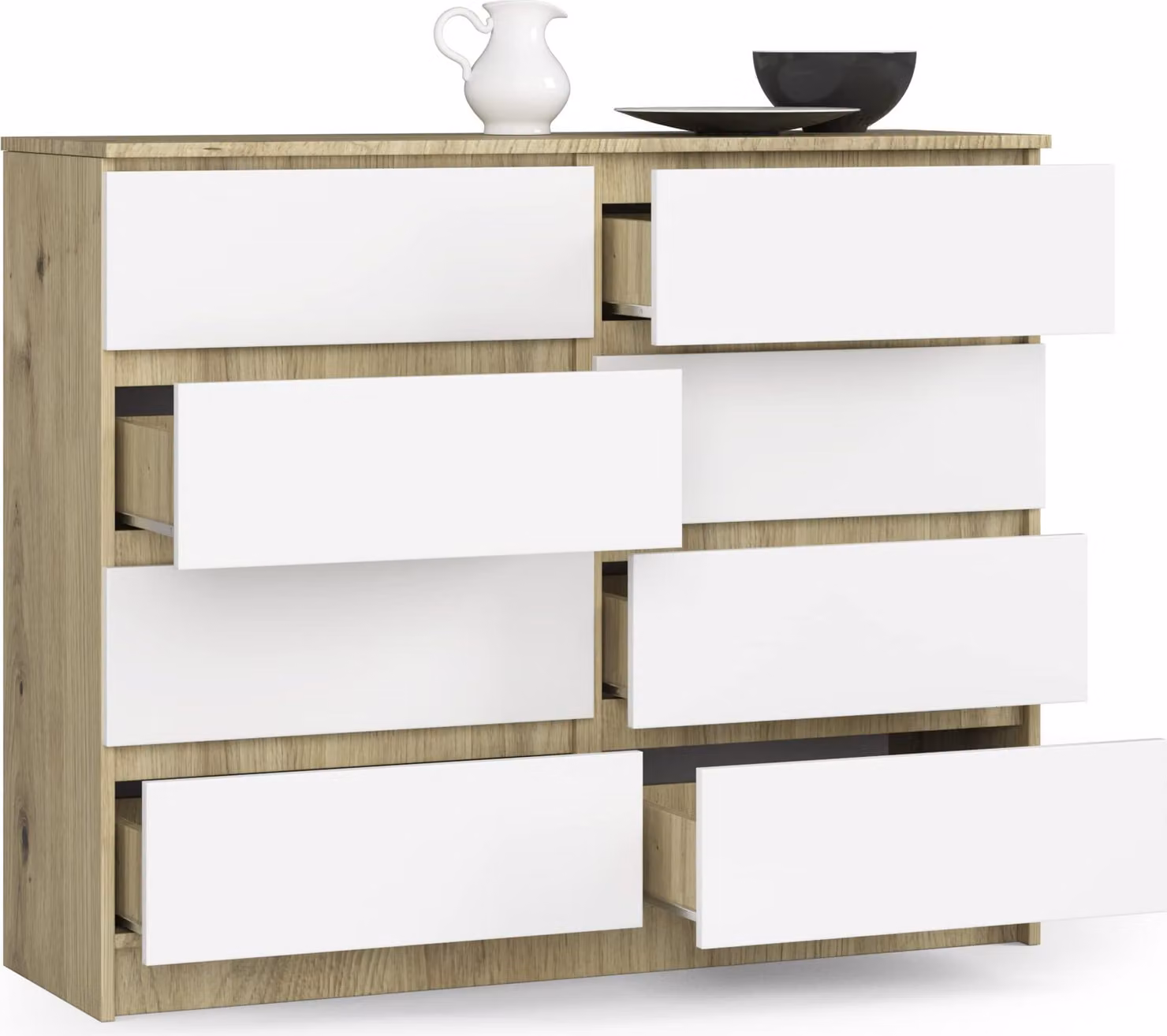 BDW, cassettiera con 8 cassetti, 120x99x40 cm, molto spazio, rovere Artisan - bianco