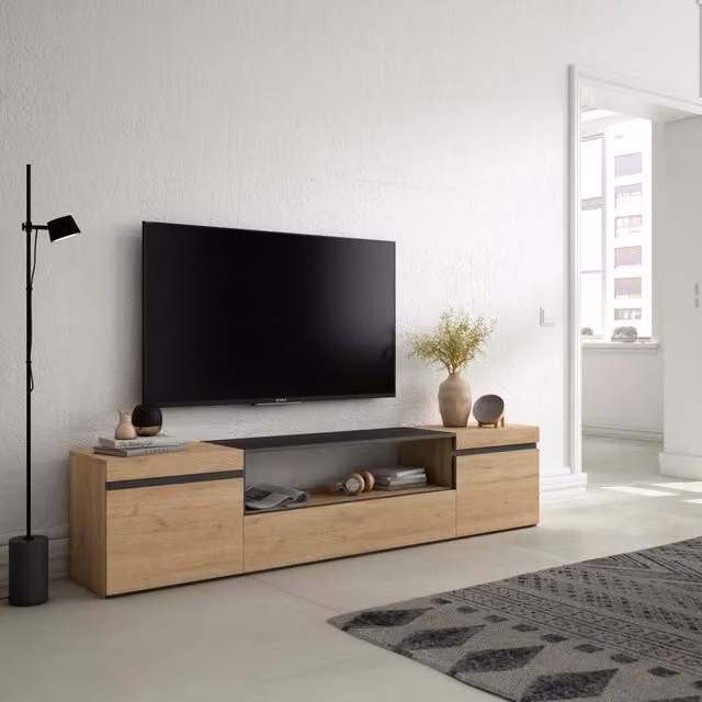 Mobile TV, 200x35x45cm, soggiorno, Per TV fino a 80", Mobile Soggiorno, colore Rovere e nero RF2148