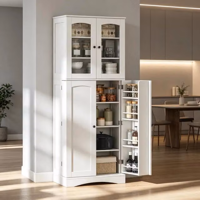 Mobile colonna da cucina con ante; ripiani regolabili e vetrine in acrilico bianco 60 × 40 × 162 cm