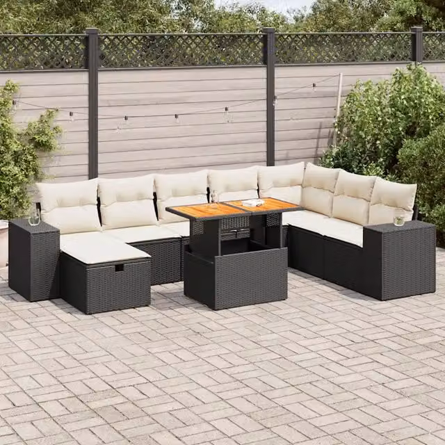 Set Divani da Giardino 9 pz con Cuscini Nero Polyrattan Acacia 3328099