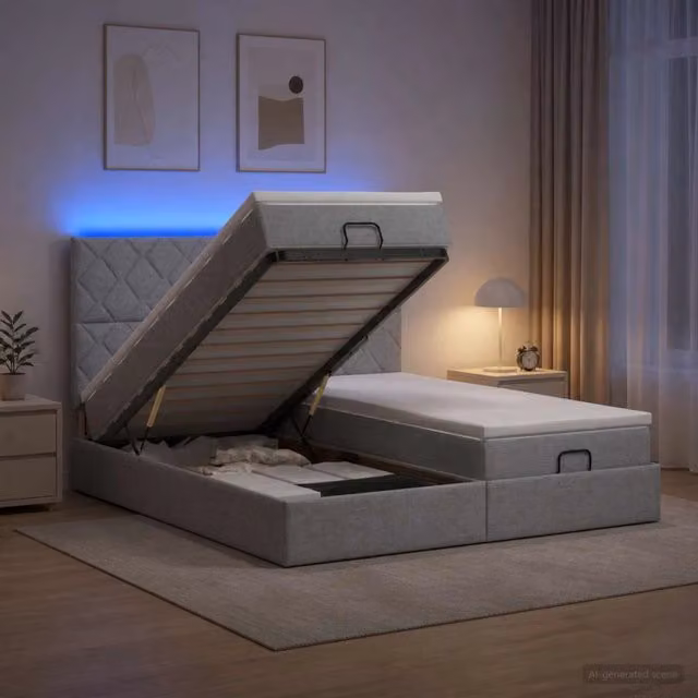 Letto Ottomano con Materasso vidaXL Grigio e Bianco con Illuminazione LED e Porte USB L/P/H: 200 x 200 x 140 cm