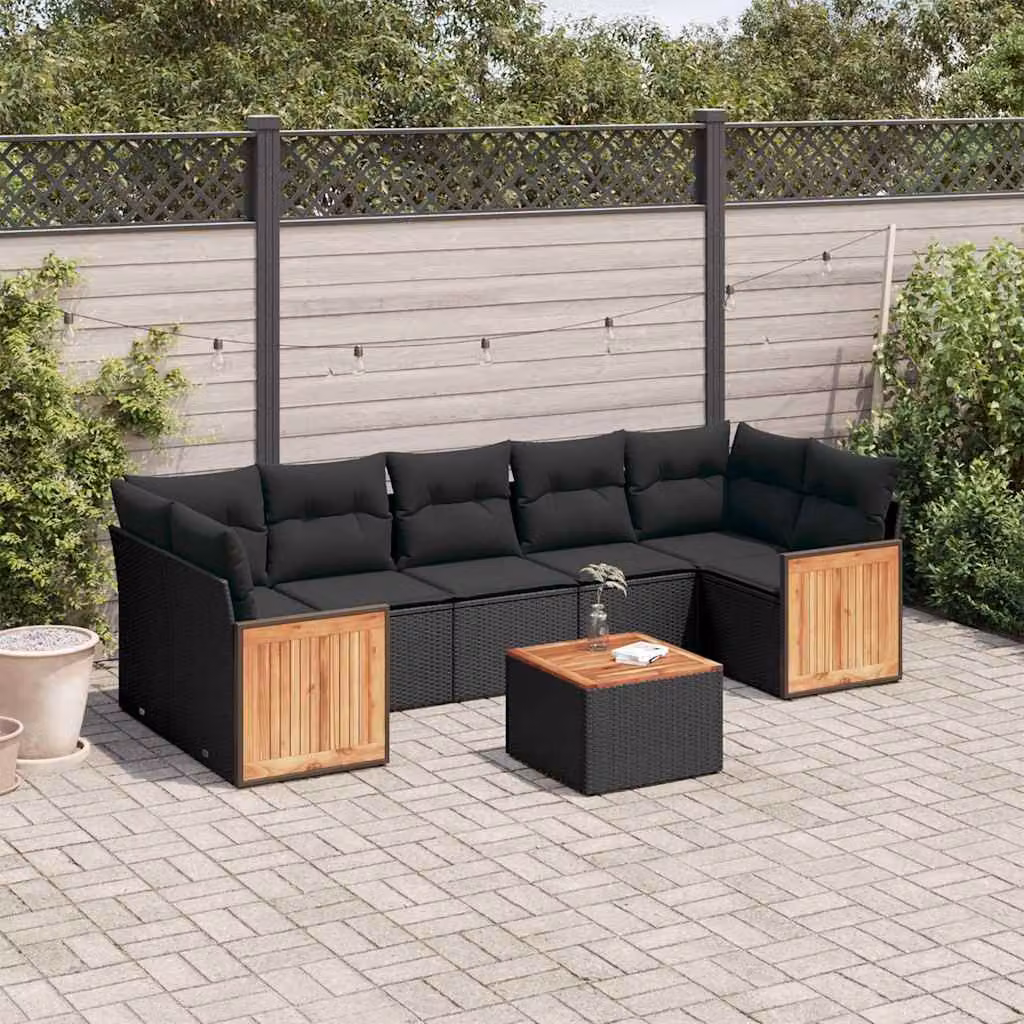 Set di Divani da Giardino vidaXL a Forma di L in Polyrattan Nero con 8 Cuscini e Tavolino da Esterno – 1