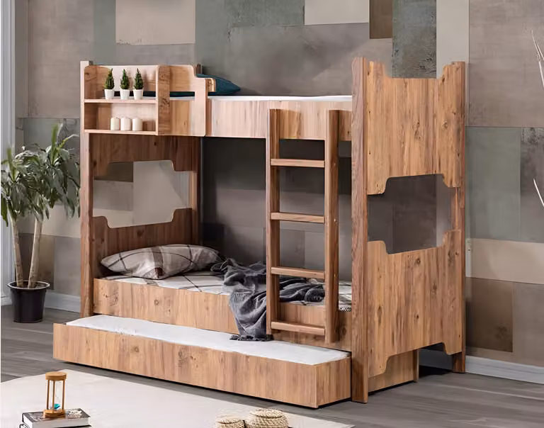 Letto a castello in legno versatile con mensole e cassetti