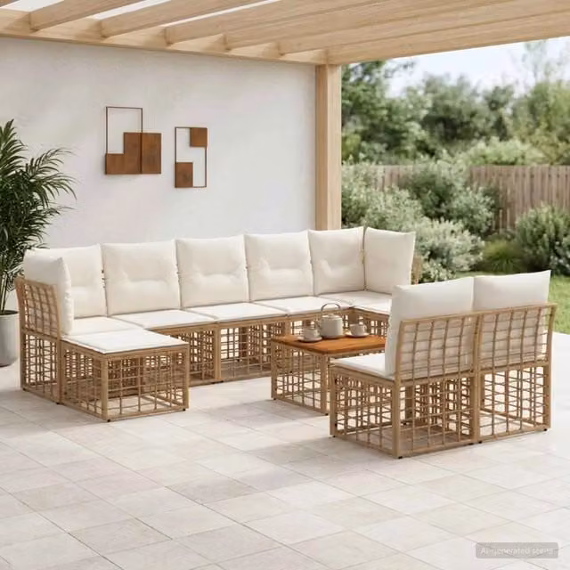 Set di divani da esterno 10 pz 9-Posti Naturale e Bianco Crema 3437560