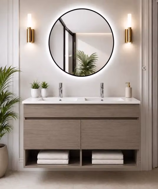 Mobile bagno sospeso con lavabo ORIGENBATH NEBARI con ante 120x45 cm doppio lavabo rovere smoky
