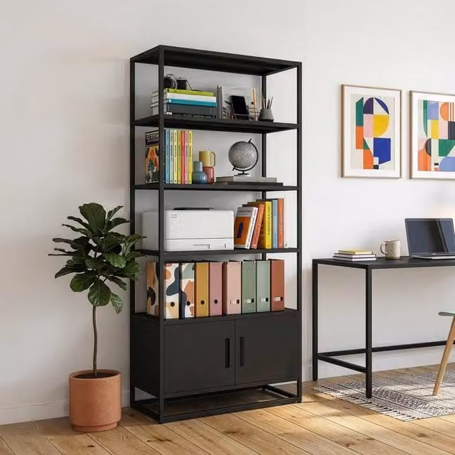 Libreria Hailuoto Scaffale in Acciaio con Ripiani Aperti e Armadietto 180x80x40 cm Nero opaco [en.casa]