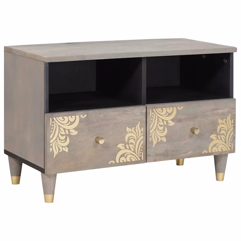 Mobile TV vidaXL moderno in legno di mango massello, Grigio e Marrone, L 70 cm x P 33 cm x H 46 cm