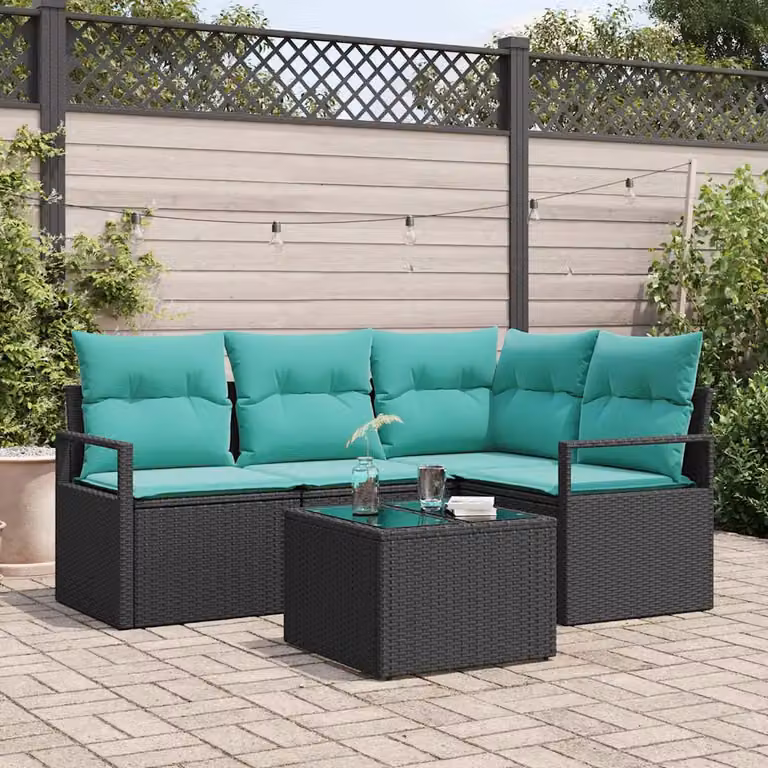 Set di divani da giardino vidaXL a forma di L con tavolo da caffè, colore nero e turchese, in rattan e metallo con cuscini inclusi