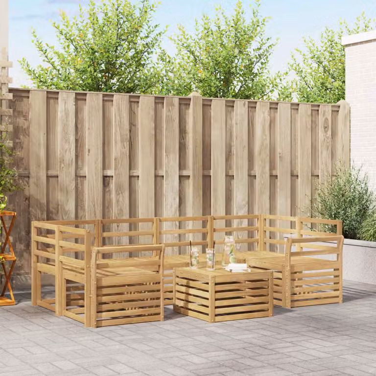 vidaXL Set di divani da esterno a forma di U in legno di acacia massello con cuscini bianchi e tavolino da caffè, 7 pezzi