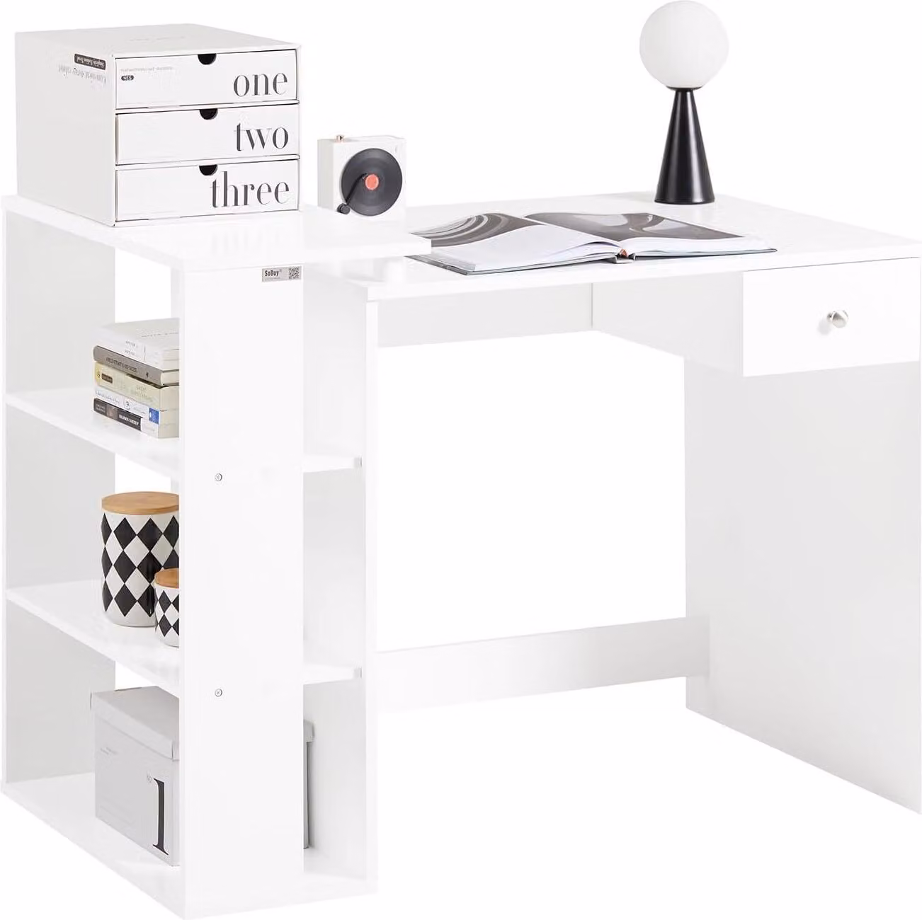 SoBuy Scrivania Scrivania per computer - Tre ripiani - Cassetto - Bianco
