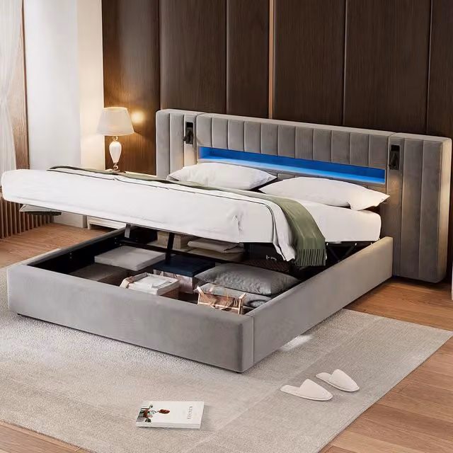 Letto-Xylo-180x200 cm-USB, LED, lampada, spazio idraulico, velluto grigio