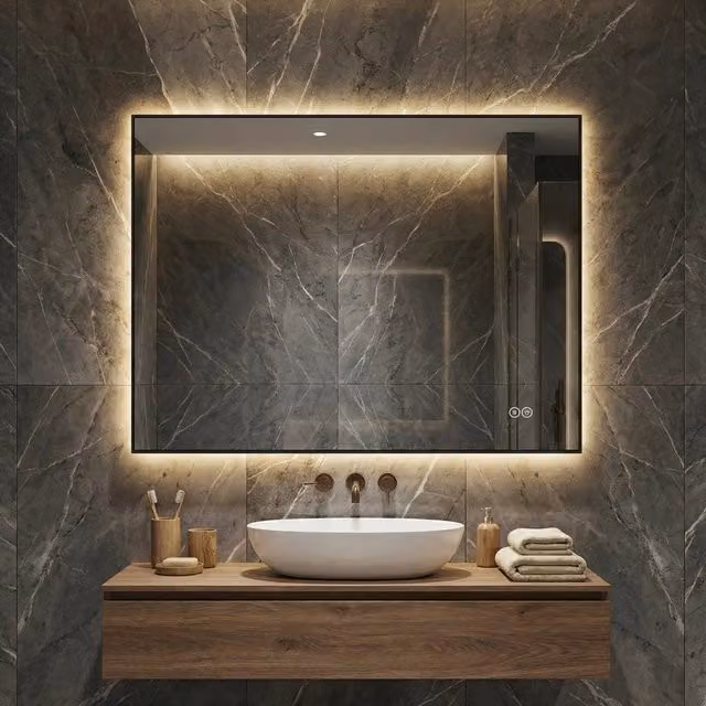 Specchio bagno led 60x80 cm retroilluminato antiappannamento; cornice in alluminio; argento