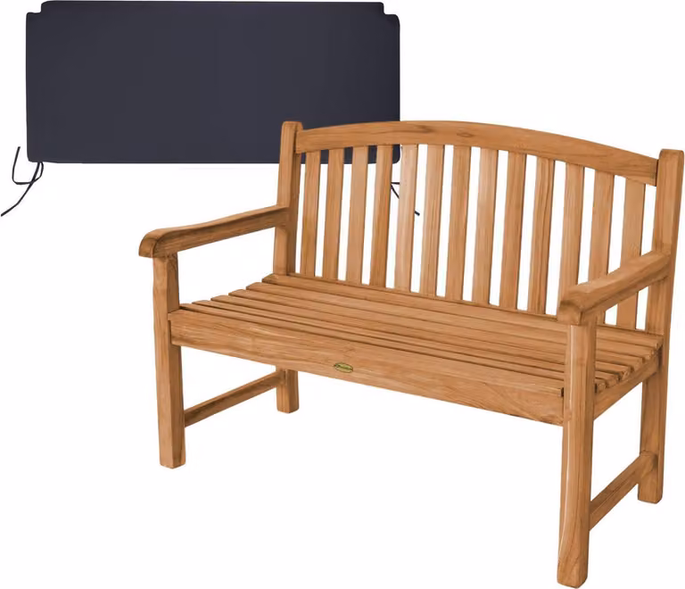 Panca in teak massello, modello Bari, 120 cm, resistente alle intemperie, con cuscino per seduta nero