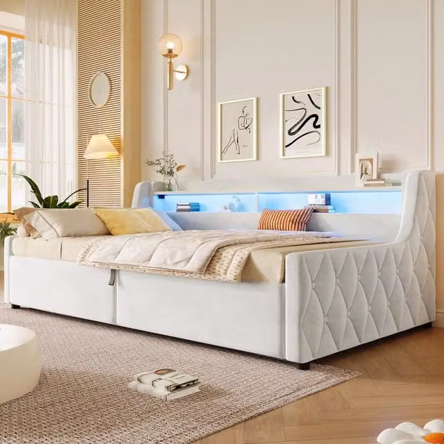 Letto singolo imbottito 90 × 200 cm con contenitore idraulico in flanella off white testiera LED multicolore