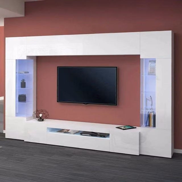 Parete attrezzata Arga DMORA per soggiorno con luce LED e 6 ante, Bianco lucido, L: 290 cm, P: 40 cm, H: 191 cm