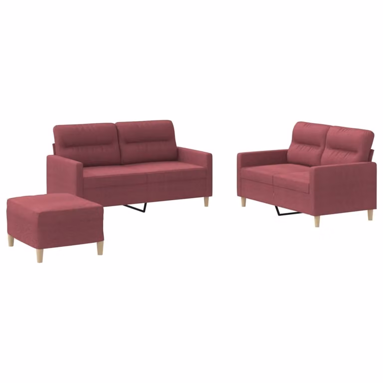 Set di Divani 3 pz con Cuscini Rosso Vino in Tessuto