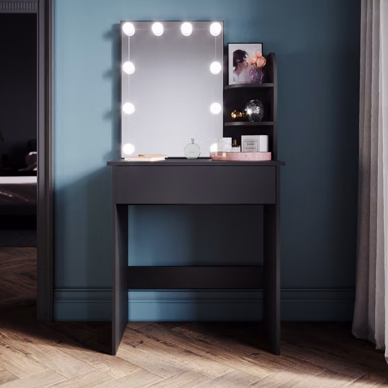 SONNI cassettiera nera 70x40x140cm Cassettiera con luce LED a luminosità regolabile con specchio e cassetto