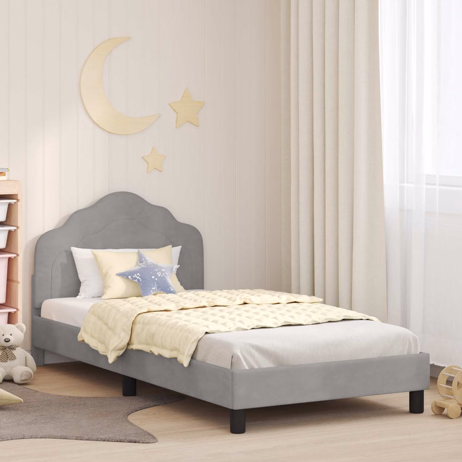 Struttura letto per bambini vidaXL in legno e tessuto velluto Grigio, L: 90 cm, P: 200 cm, H: 85 cm