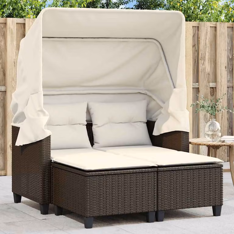 Set da giardino vidaXL con divano a 2 posti, baldacchino e sgabelli in rattan marrone e bianco con cuscini inclusi