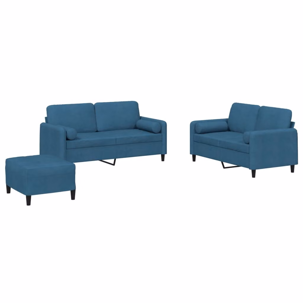 Set di Divani 3 pz con Cuscini Blu in Velluto