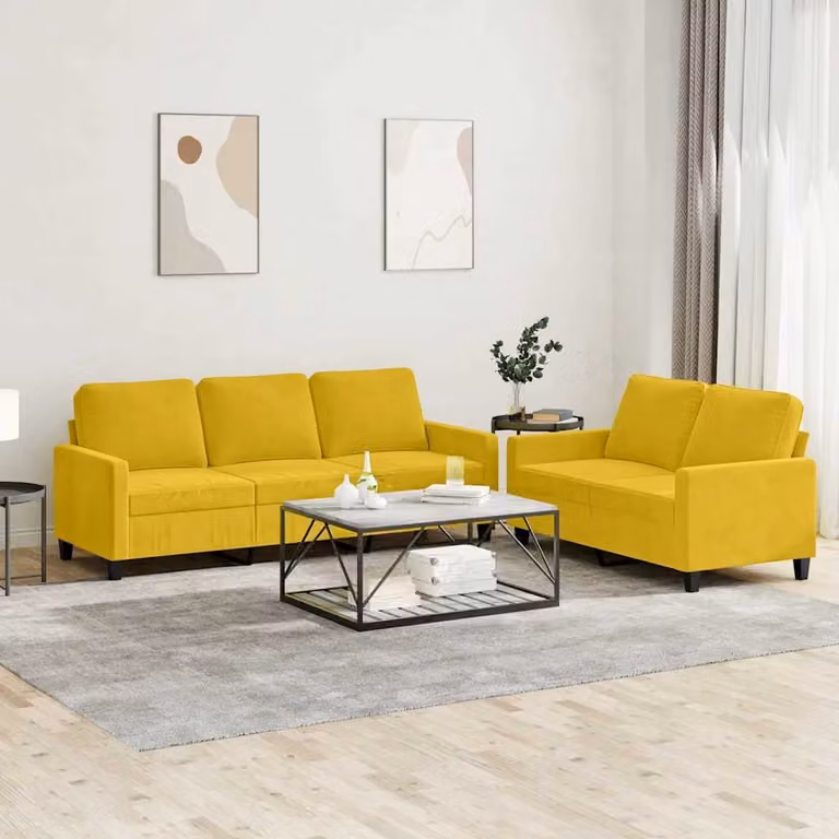 Set di 2 Divani vidaXL in Velluto Giallo con Cuscini per Soggiorno