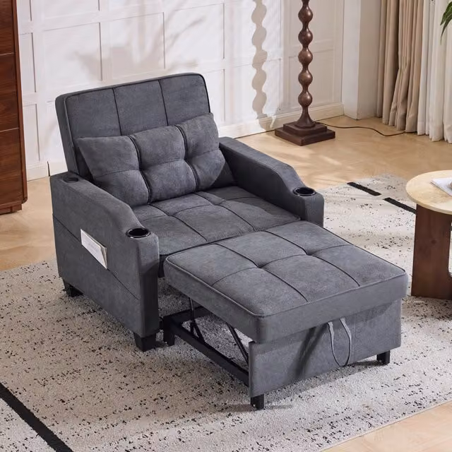 Poltrona letto 3 in 1 con schienale regolabile, porta USB, porta bicchieri e tasca laterale, grigio scuro 74 × 87 × 84 cm