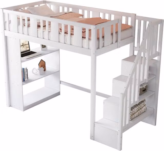 Letto a soppalco per bambini 90x200 cm con scala contenitore e 3 vani; bianco