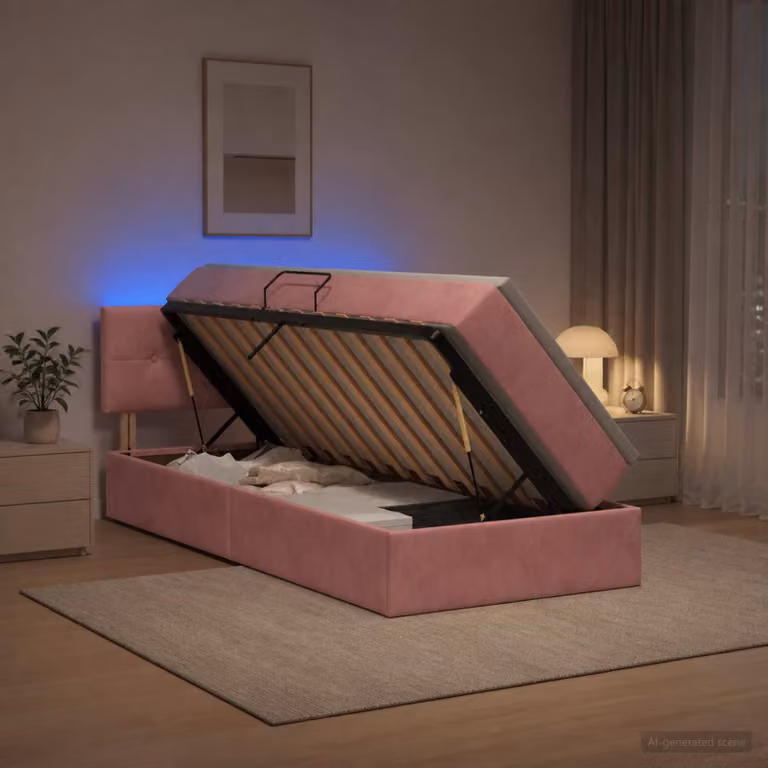 Letto con contenitore e illuminazione LED vidaXL in velluto rosa, L/P/H: 200 x 90 x 88 cm