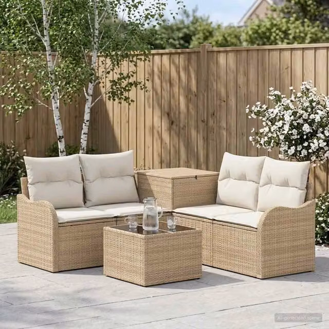Set di divani da giardino a forma di L vidaXL con tavolino da caffè e pouf, 6 pezzi, Beige e Bianco – 1