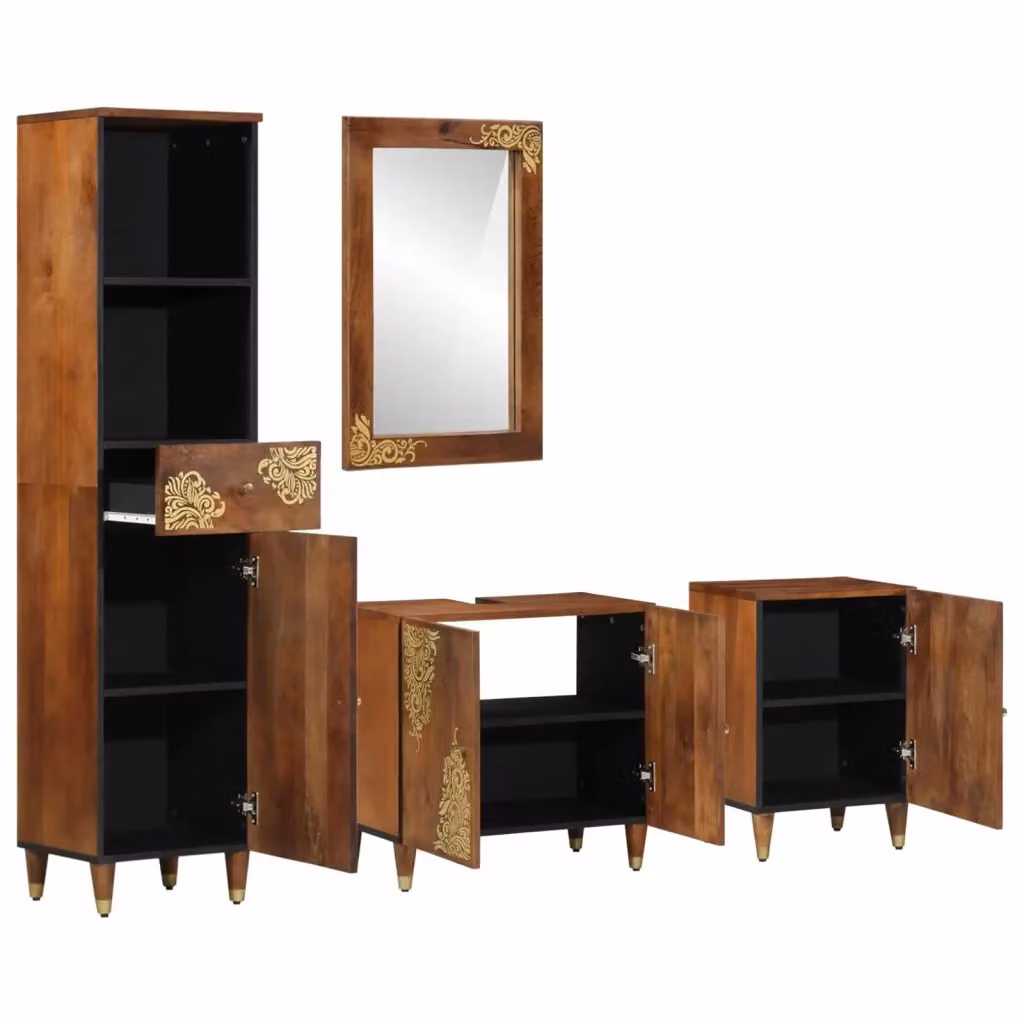 Set di mobili da bagno vidaXL in legno mango color marrone e oro, composto da mobile sottolavabo e armadietto alto, L/P/H: 62 x 33 x 58 cm – 2