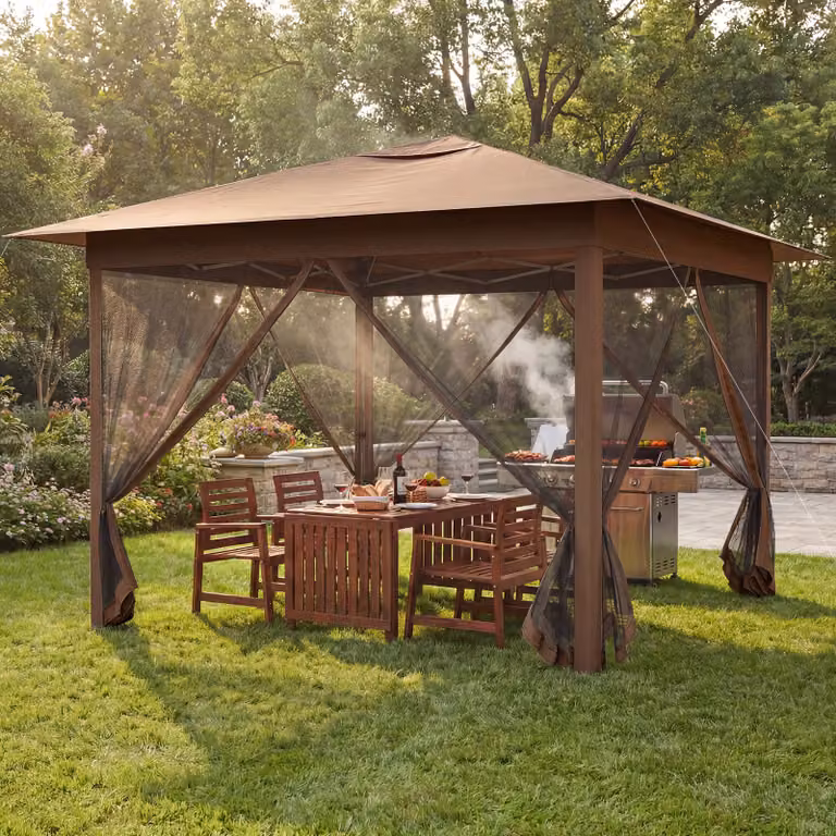 Costway Gazebo pieghevole da giardino con telo in Oxford e 4 lati in rete, Marrone, L/P: 300 x 300 cm