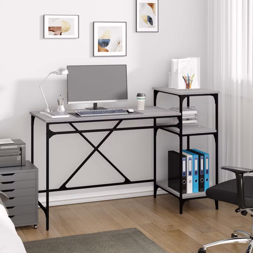 Scrivania da ufficio con ripiani vidaXL in stile industriale, colore grigio, realizzata in legno e metallo, L 135 cm x P 50 cm x H 90 cm