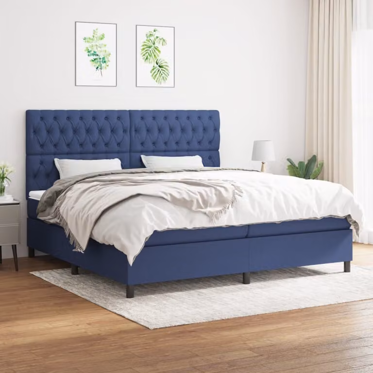 The Living Store Letto a molle con materasso blu 200x200 cm in tessuto