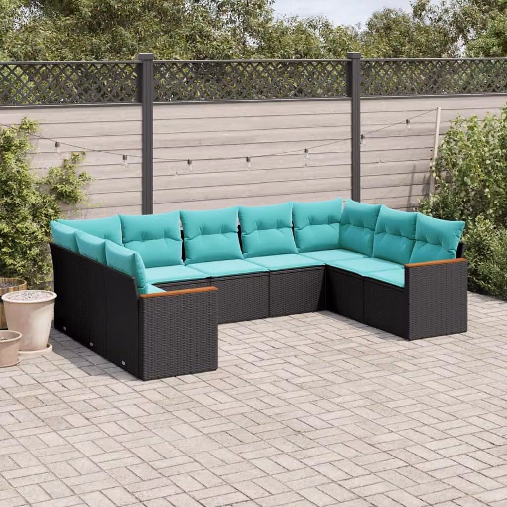 Maison Exclusive - Set di 9 pezzi per giardino con cuscini, polyrattan nero