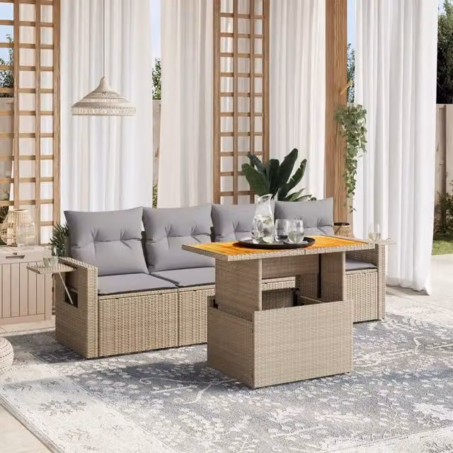 Set Divano da Giardino 5 pz con Cuscini-Sofa da Giardino-Divanetto da esterno Beige in Polyrattan 108779