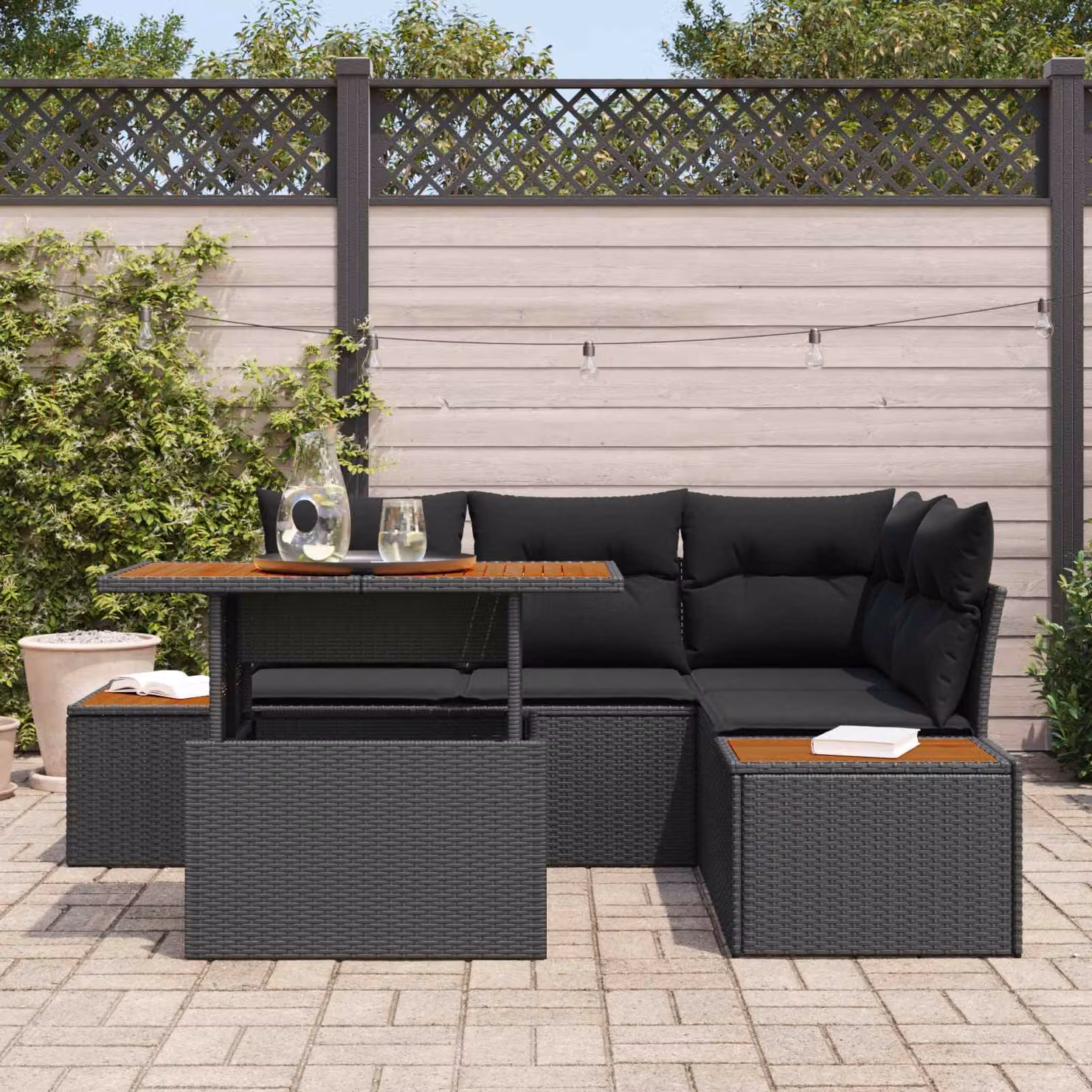 Set Divano da Giardino vidaXL 5 Pezzi a Forma di L con Tavolino e Contenitore Nero in Rattan e Metallo – 1