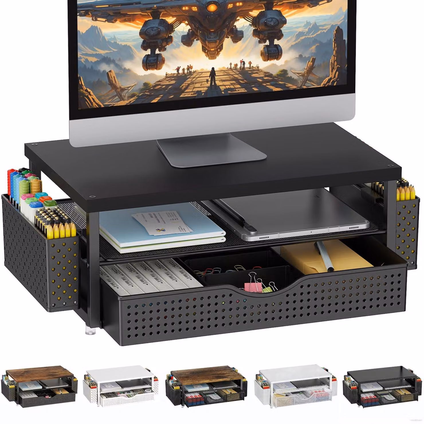 Omgoods - Supporto per monitor con cassetto e organizer - Accessori per scrivania da ufficio per un ambiente di lavoro ordinato