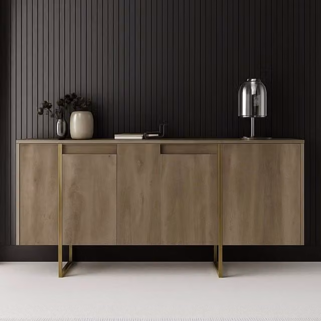 Credenza Arta, Buffet da soggiorno, Madia da salotto, Dispensa da cucina, 160x35h80 cm, Noce e Oro