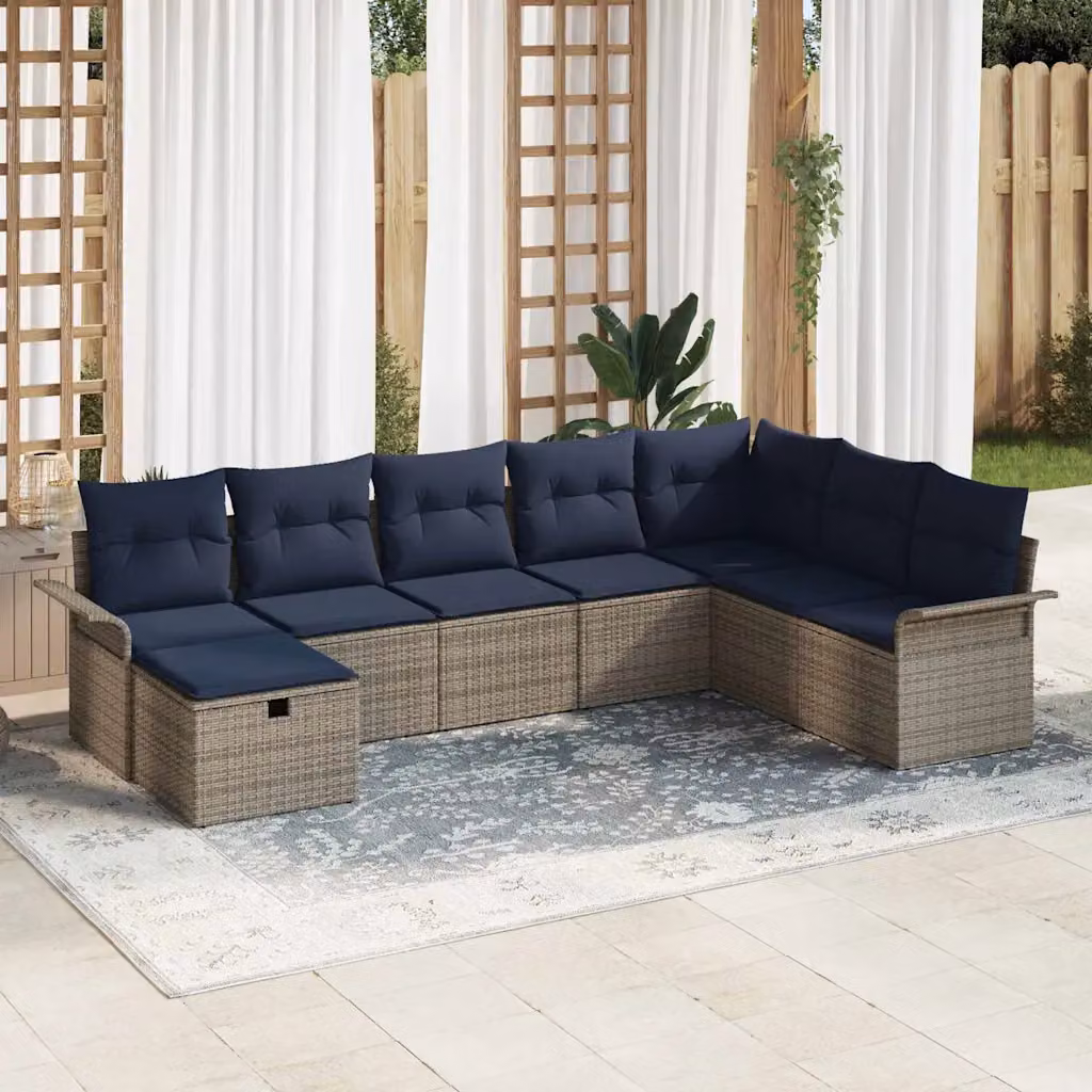 Set Divano da Giardino vidaXL 8 pz a Forma a L con Poltroncina e Tavolino, Colore Grigio e Blu, in Polyrattan e Metallo con Cuscini Imbottiti
