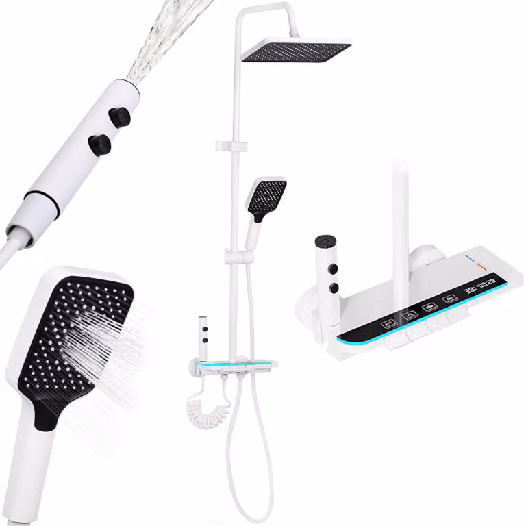 Colonna doccia con display LED, 4 uscite, dimensioni 30x20 cm, altezza regolabile, colore bianco