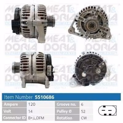 MEAT & DORIA 5510686 Alternatore LiMa 120 A 14 V per PORSCHE BOXSTER (986) 911 (996) 911 (997) BOXSTER (987) 911 Cabriolet (996) 911 Targa