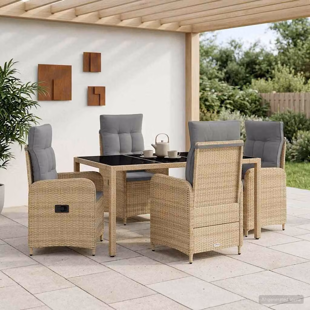 Set da pranzo per esterni vidaXL in polyrattan da 5 pezzi, tavolo rettangolare con piano in vetro e sedie, Beige e Grigio Chiaro