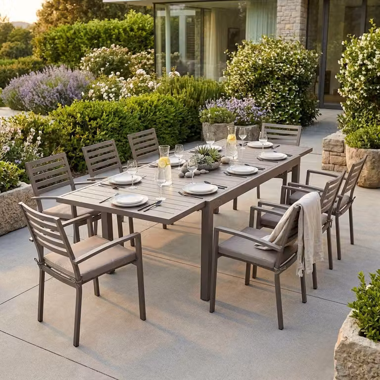 Milani Home - Set Tavolo Giardino Allungabile Rettangolare 200/300x100 Con 8 Poltrone In Alluminio Taupe Da Esterno - Taupe