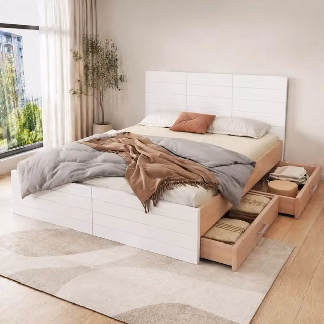 Letto matrimoniale 160x200 cm con 2 cassetti; rete a doghe; bianco e rovere chiaro