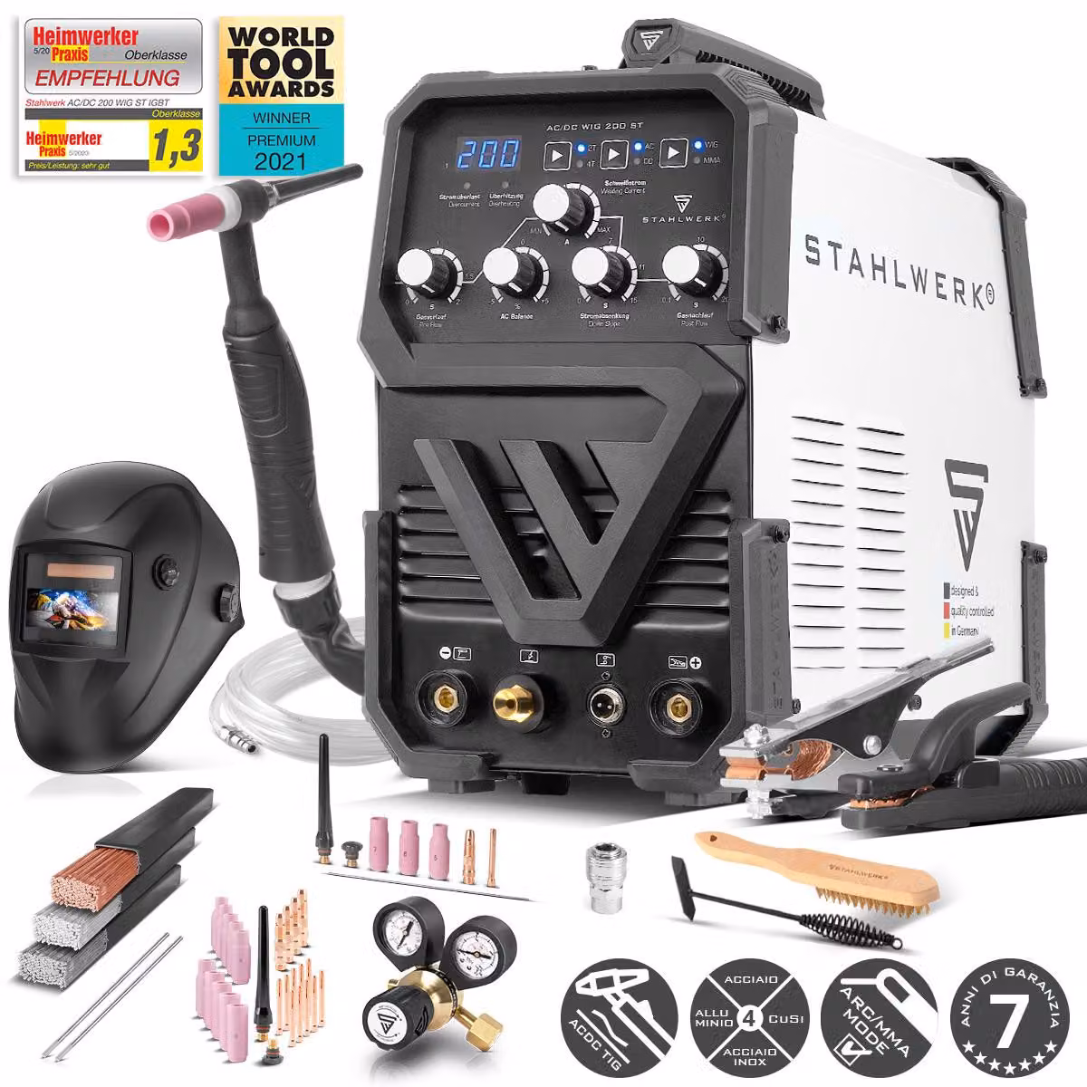 STAHLWERK Saldatrice ad arco schermato a gas 2-in-1 combinata AC/DC TIG 200 ST - completamente equipaggiata - TIG e MMA (MMA) fino a 200A, modalità 2T e 4T, saldatura TIG AC per alluminio