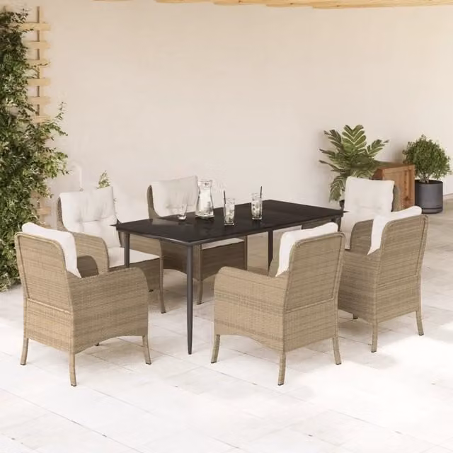 Set da Pranzo da Giardino VIDAXL in Polyrattan con Tavolo in Vetro e 7 Sedute con Cuscini Beige