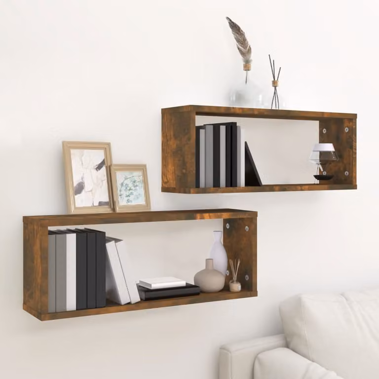 Set di 2 mensole a cubo da parete vidaXL in legno Rovere Fumo, design moderno per soggiorno o camera da letto, L 80 cm x P 26,5 cm x H 15 cm