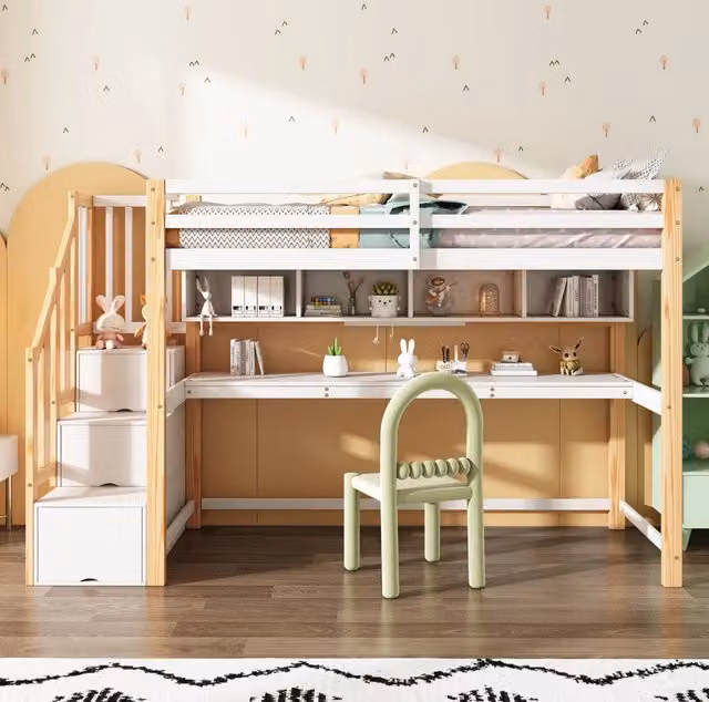 Letto a soppalco per bambini con scrivania e scaletta contenitore; 90 x 200 cm; bianco e rovere